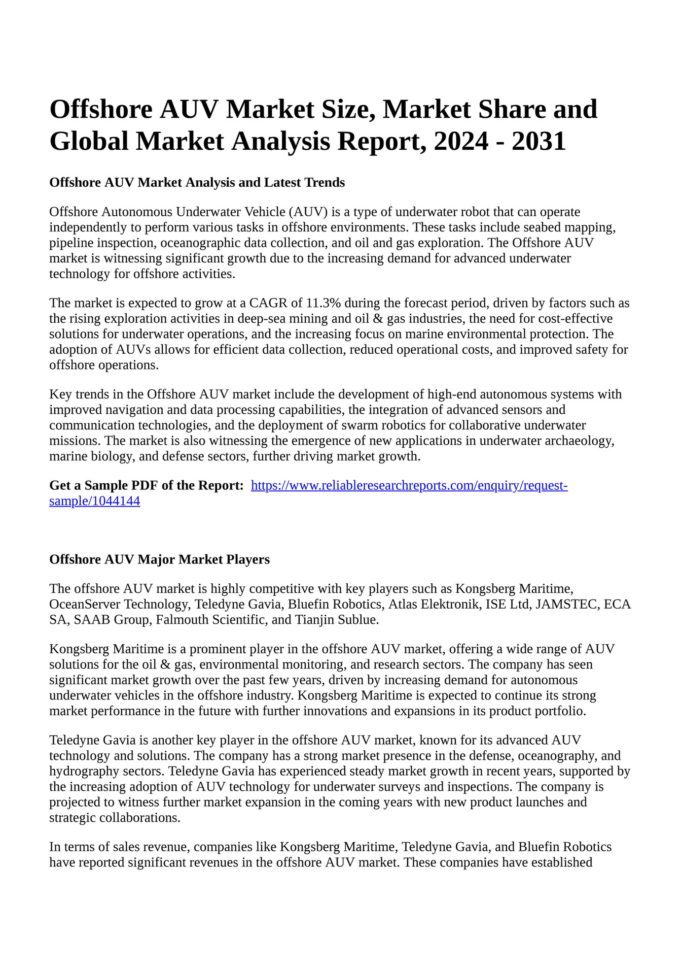 Reportprime Offshore AUV Market Size, Market Share and Global Market