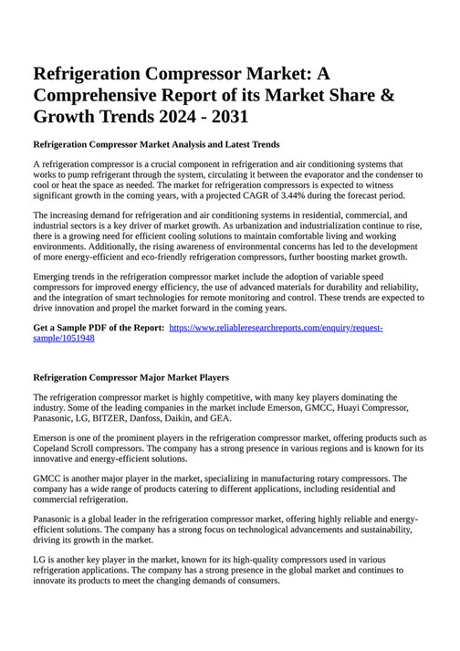 Reportprime Refrigeration Compressor Market A Comprehensive Report