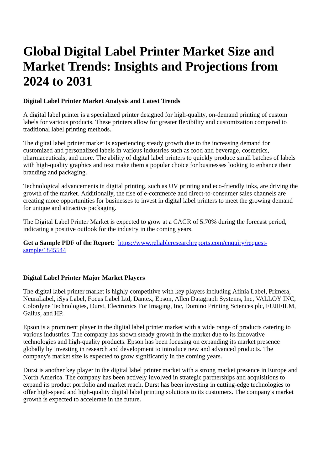 Reportprime Global Digital Label Printer Market Size and Market Trends Insights and