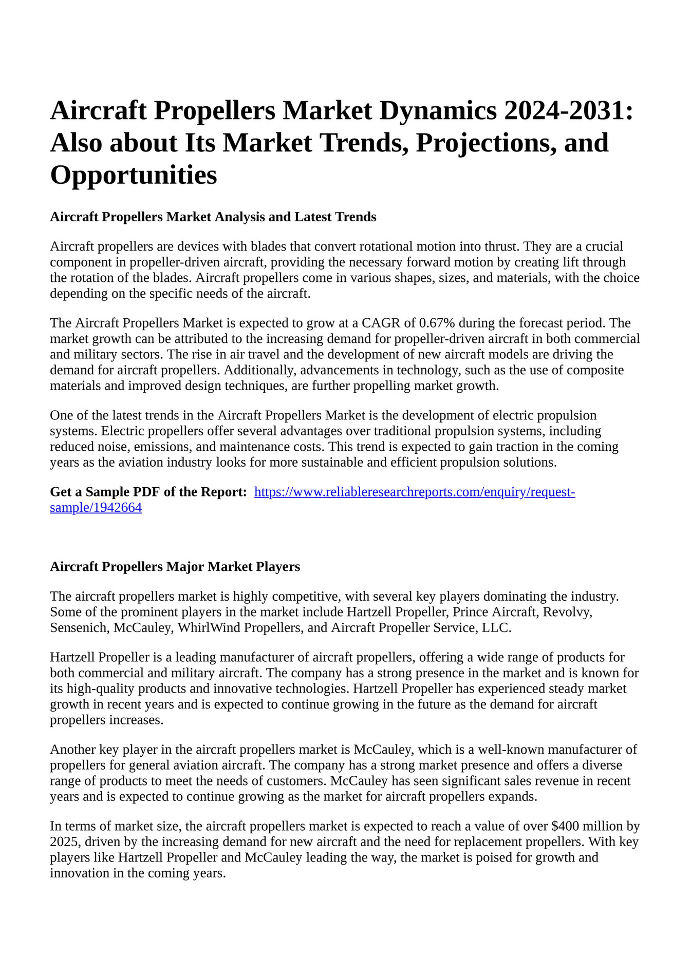 Reportprime Aircraft Propellers Market Dynamics 20242031 Also about