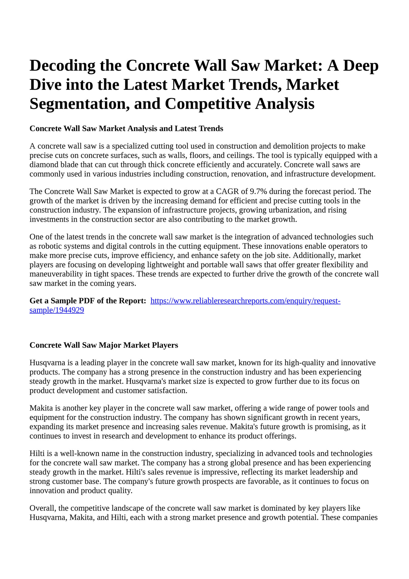 Reportprime - Decoding the Concrete Wall Saw Market: A Deep Dive into 