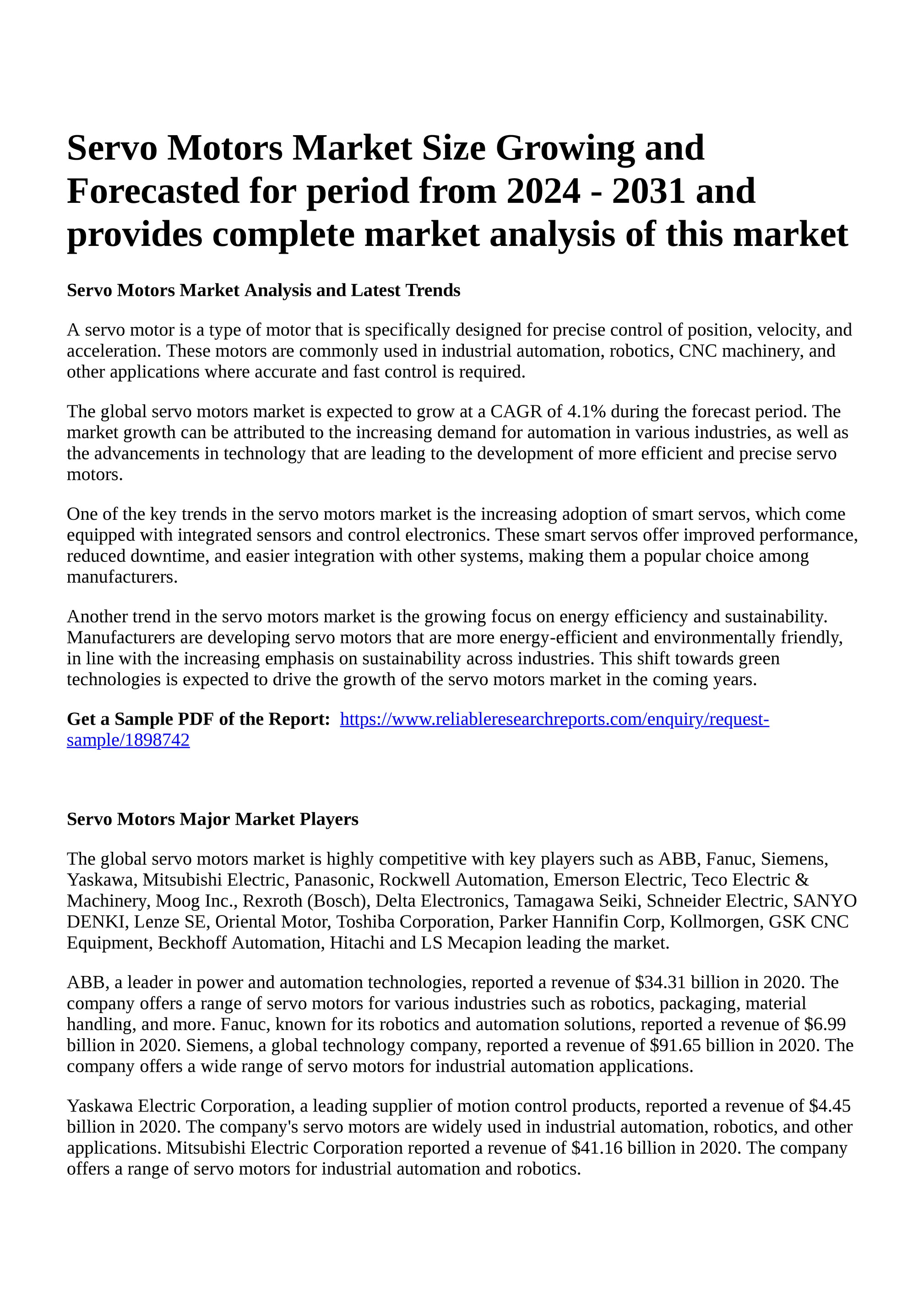 Reportprime - Servo Motors Market Size Growing and Forecasted for period  from 2024 - 2031 and provides complete market analysis of this market -  Page 1