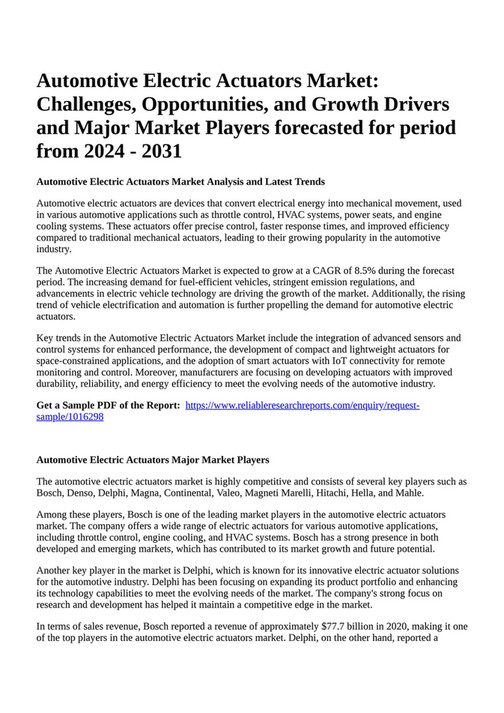 Reportprime Automotive Electric Actuators Market Challenges