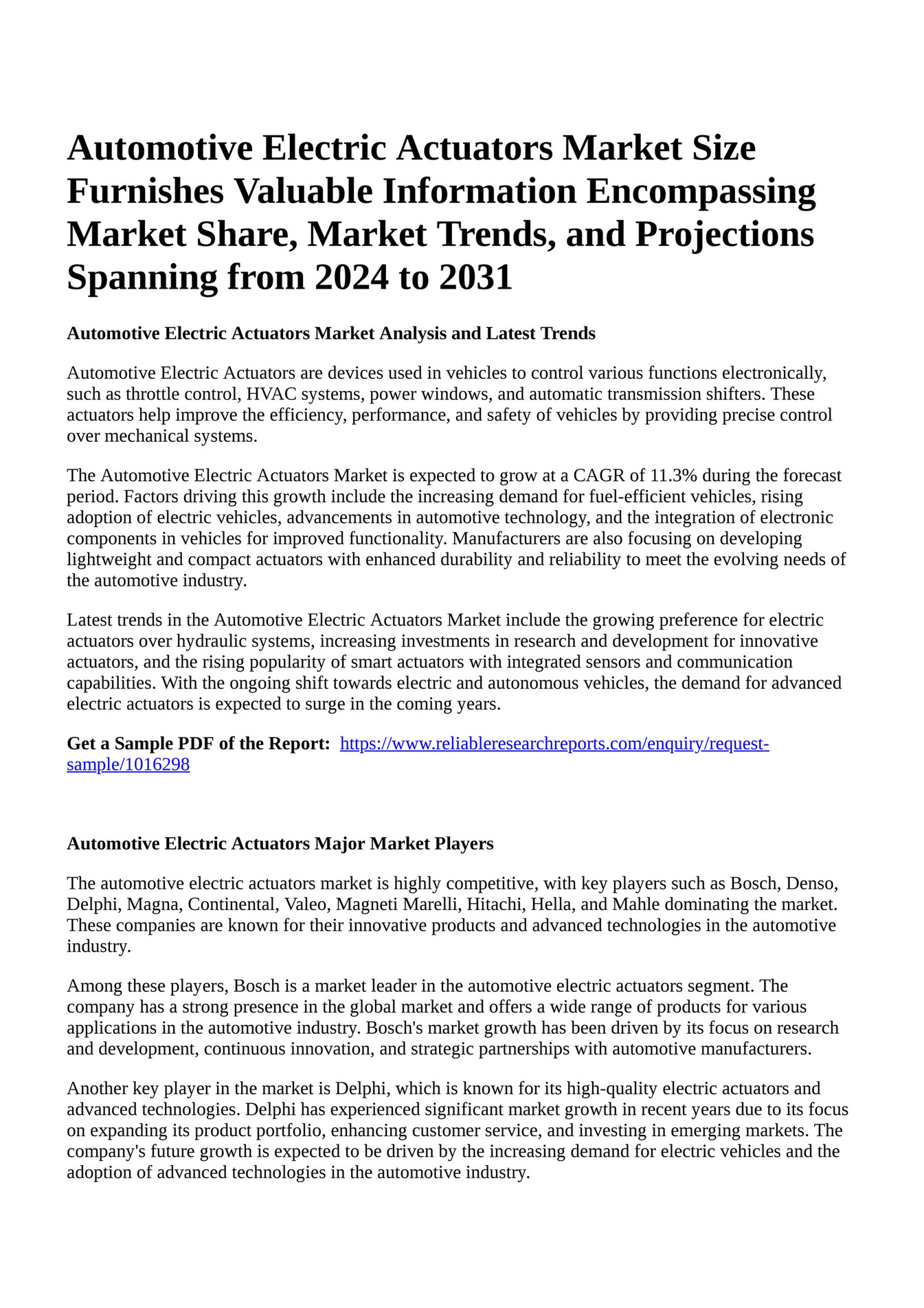 Reportprime Automotive Electric Actuators Market Size Furnishes