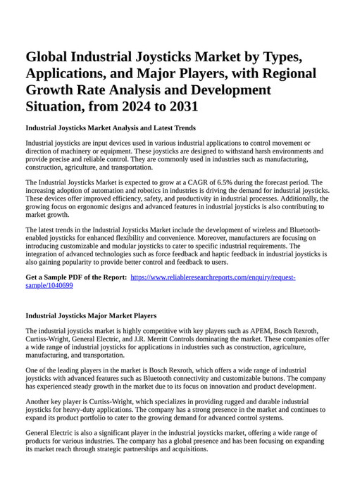 Reportprime Global Industrial Joysticks Market by Types, Applications
