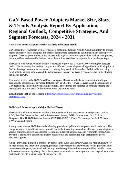 Reportprime GaNBased Power Adapters Market Size, Share & Trends Analysis Report By