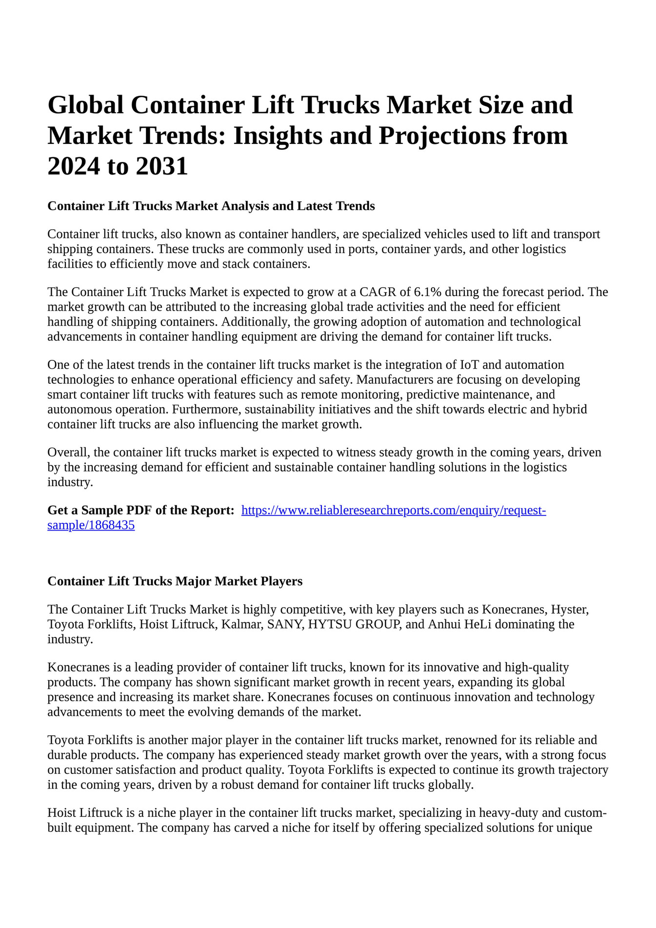 Reportprime Global Container Lift Trucks Market Size and Market