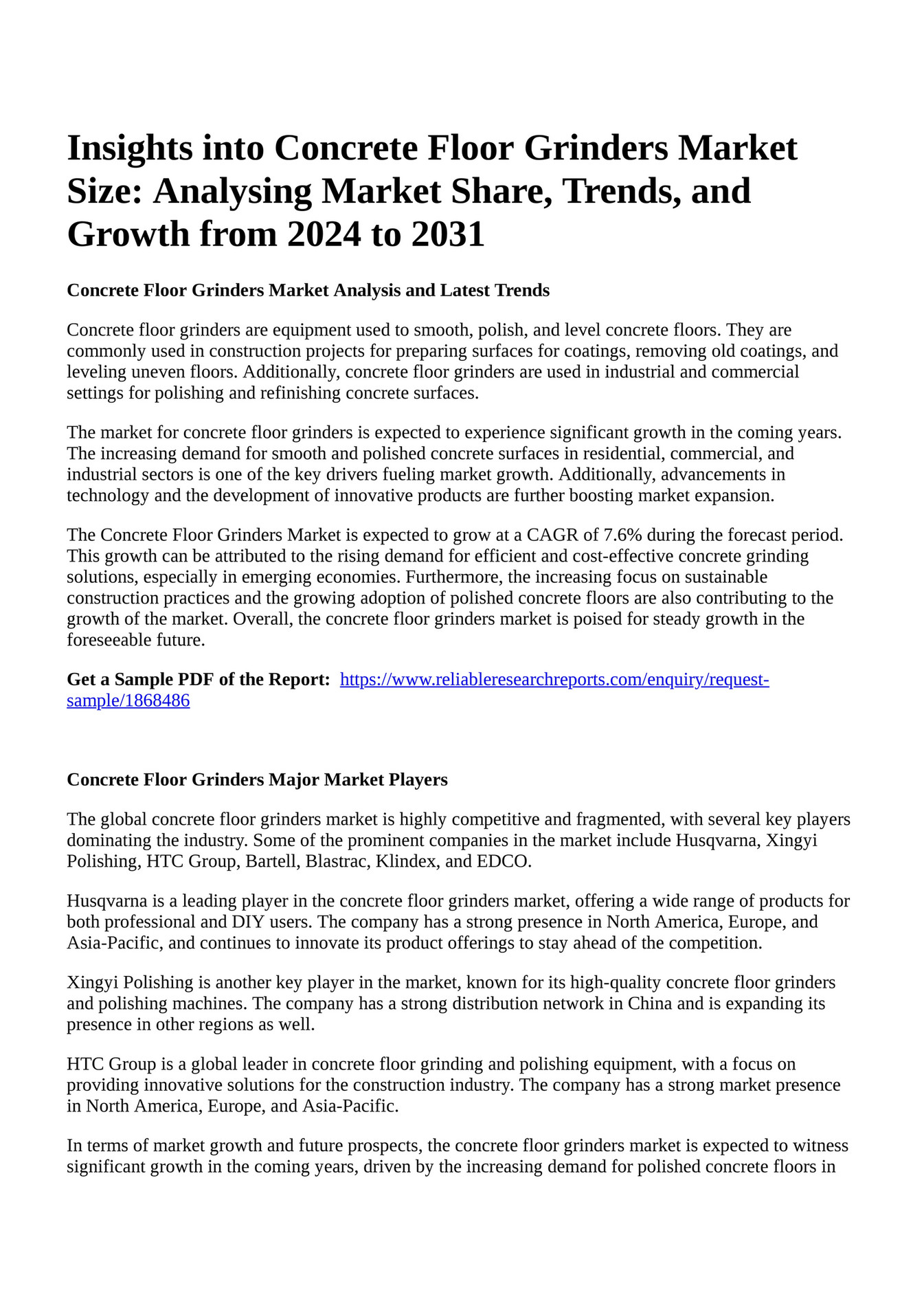 Reportprime Insights into Concrete Floor Grinders Market Size
