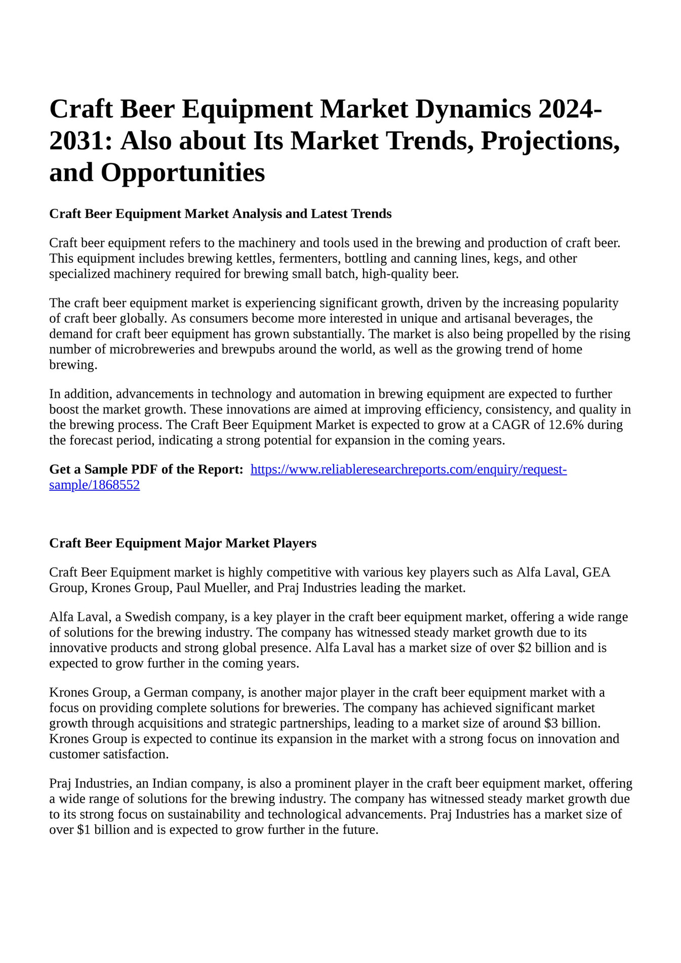 Reportprime Craft Beer Equipment Market Dynamics 20242031 Also