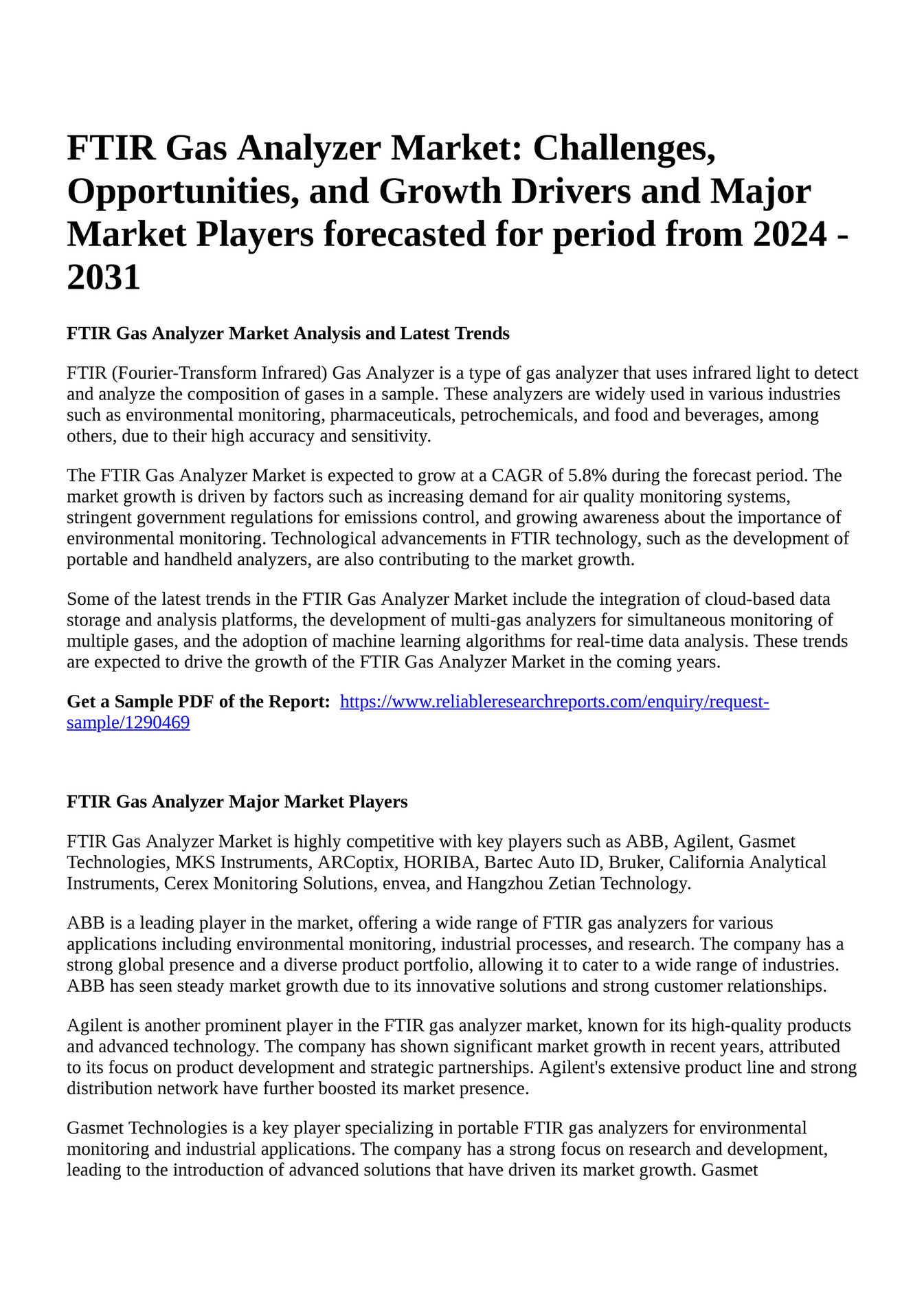 Reportprime FTIR Gas Analyzer Market Challenges, Opportunities, and