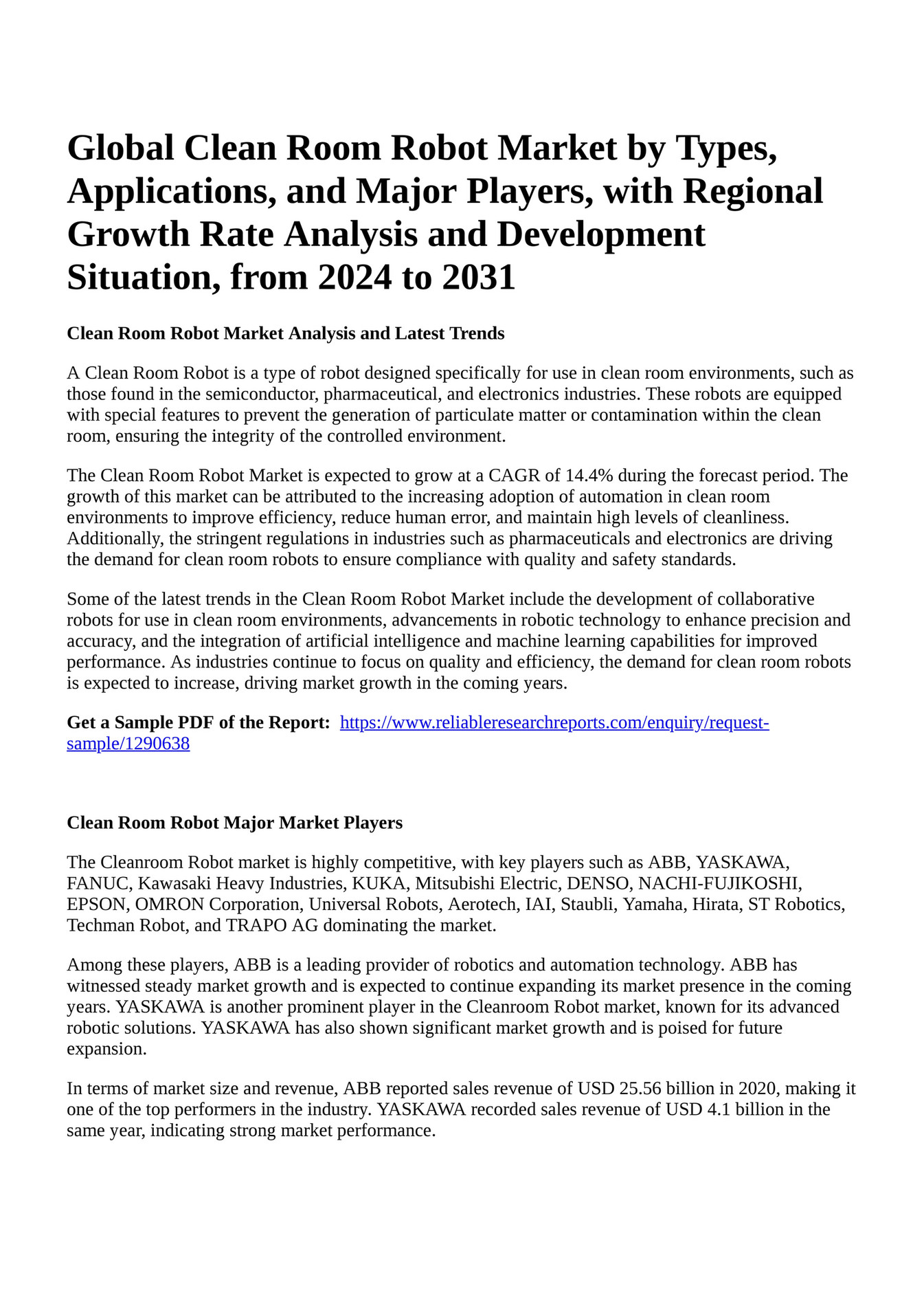 Reportprime Global Clean Room Robot Market by Types, Applications