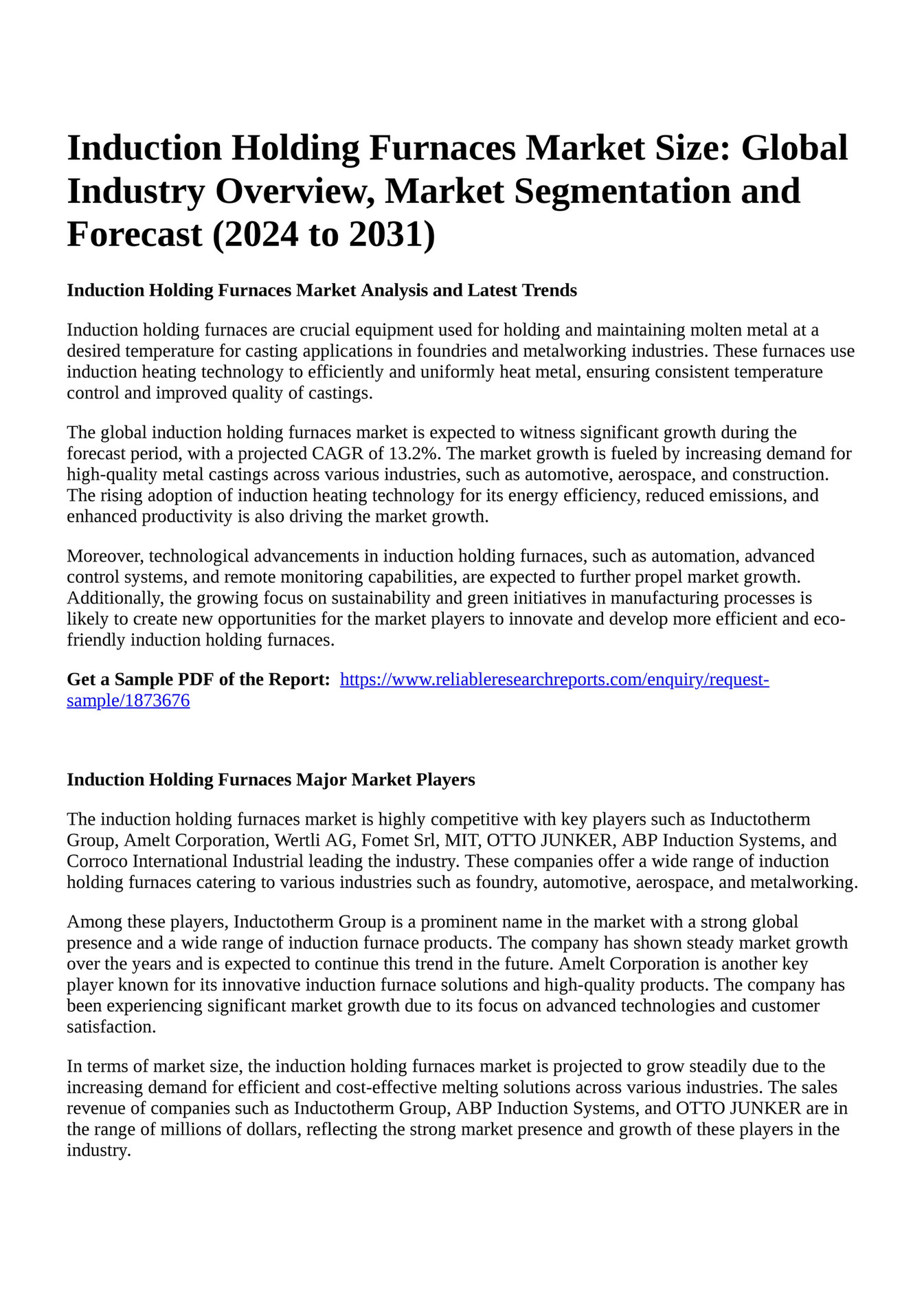 Reportprime - Induction Holding Furnaces Market Size: Global Industry ...