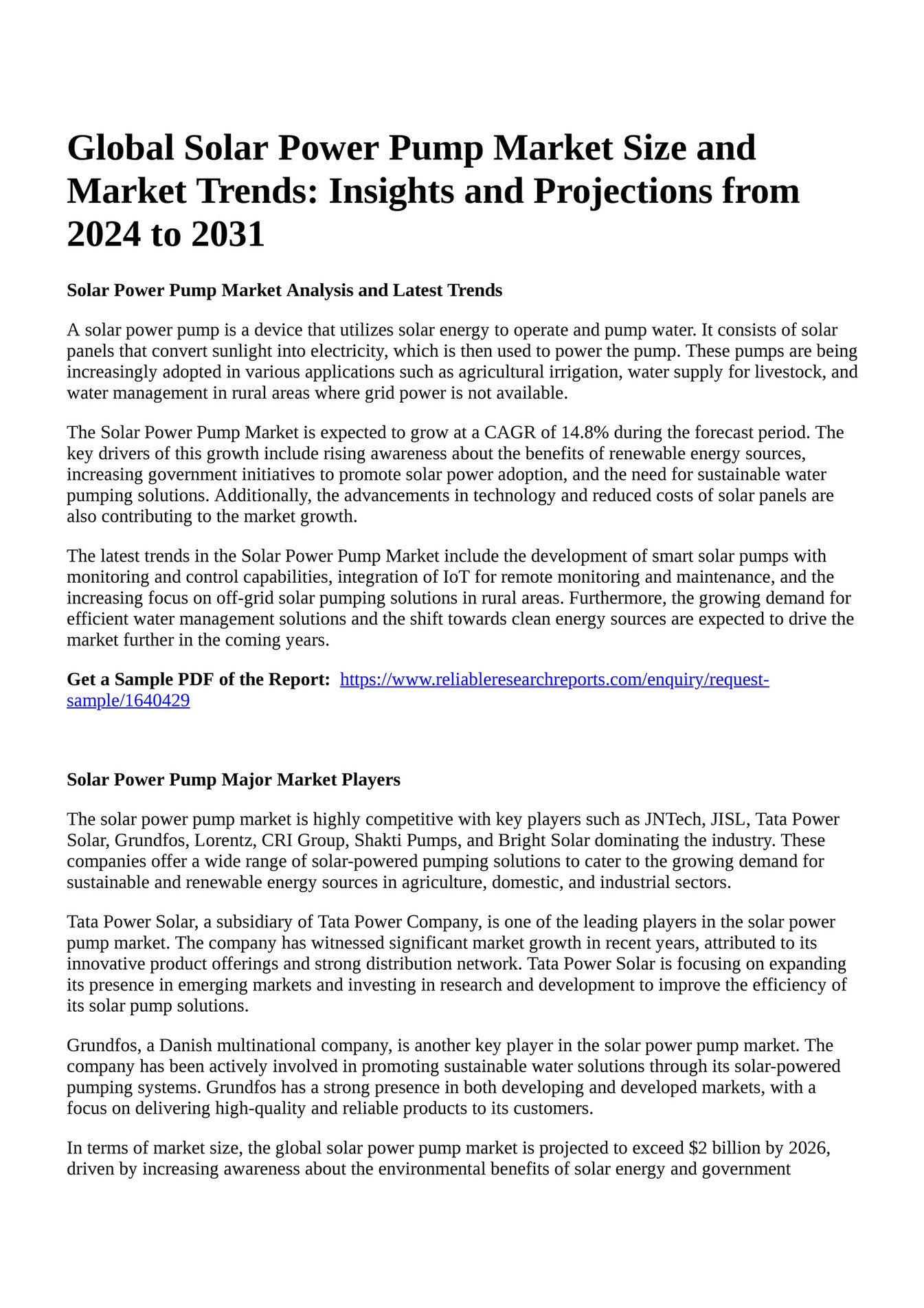 Reportprime Global Solar Power Pump Market Size and Market Trends