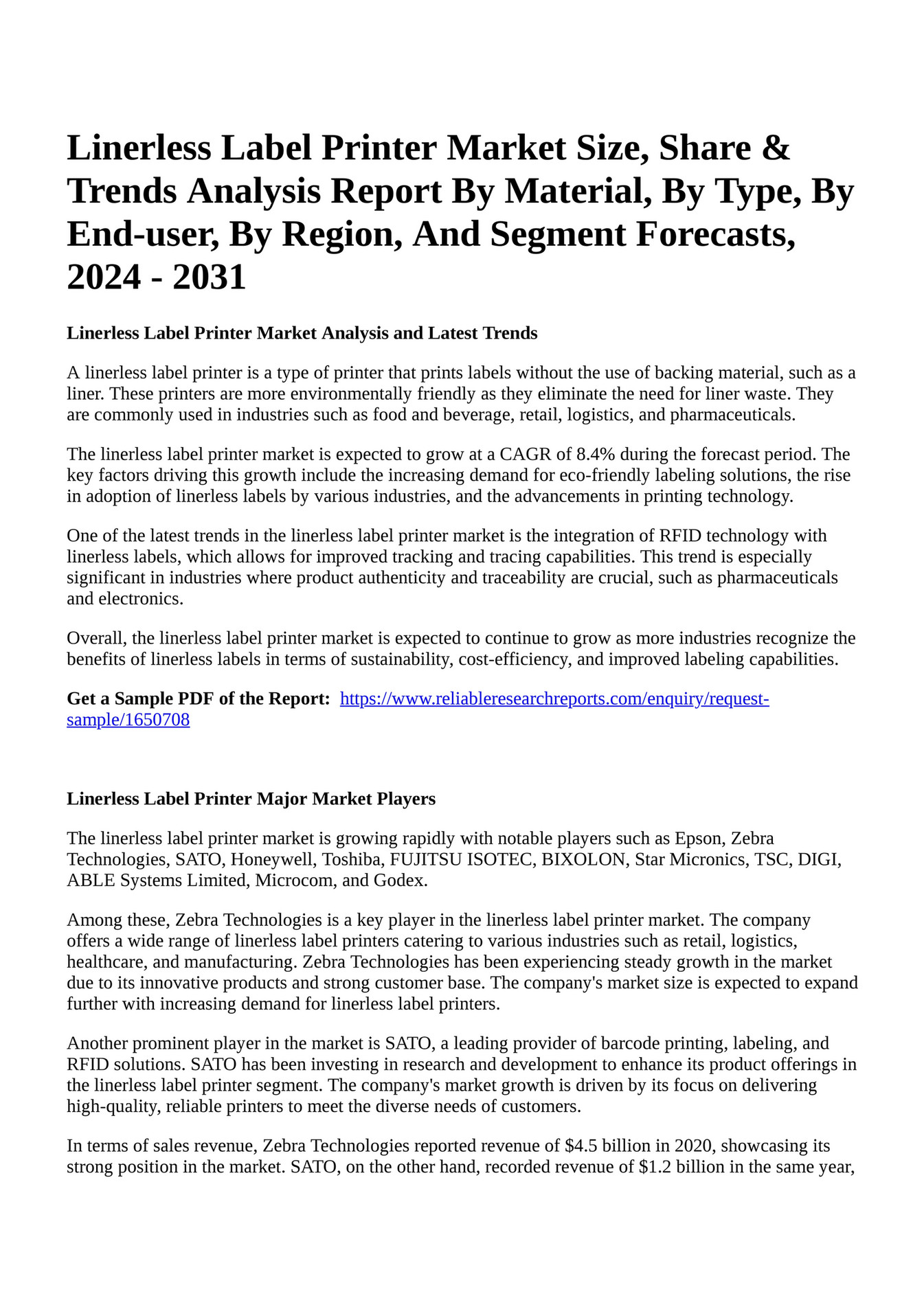 Reportprime Linerless Label Printer Market Size, Share & Trends Analysis Report By Material