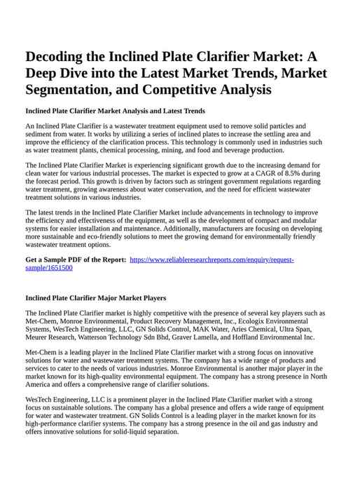 Reportprime - Decoding the Inclined Plate Clarifier Market: A Deep Dive 