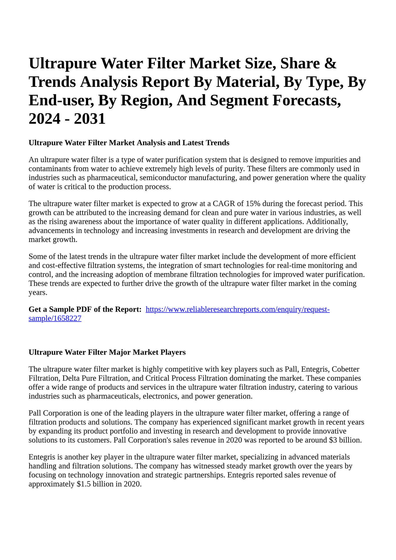 Reportprime Ultrapure Water Filter Market Size, Share & Trends Analysis Report By Material, By