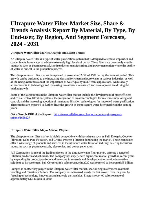 Reportprime Ultrapure Water Filter Market Size, Share & Trends