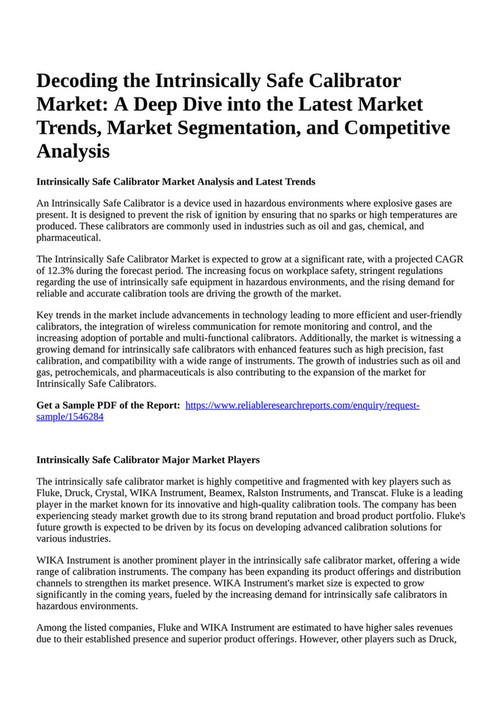 Reportprime - Decoding the Intrinsically Safe Calibrator Market: A Deep 