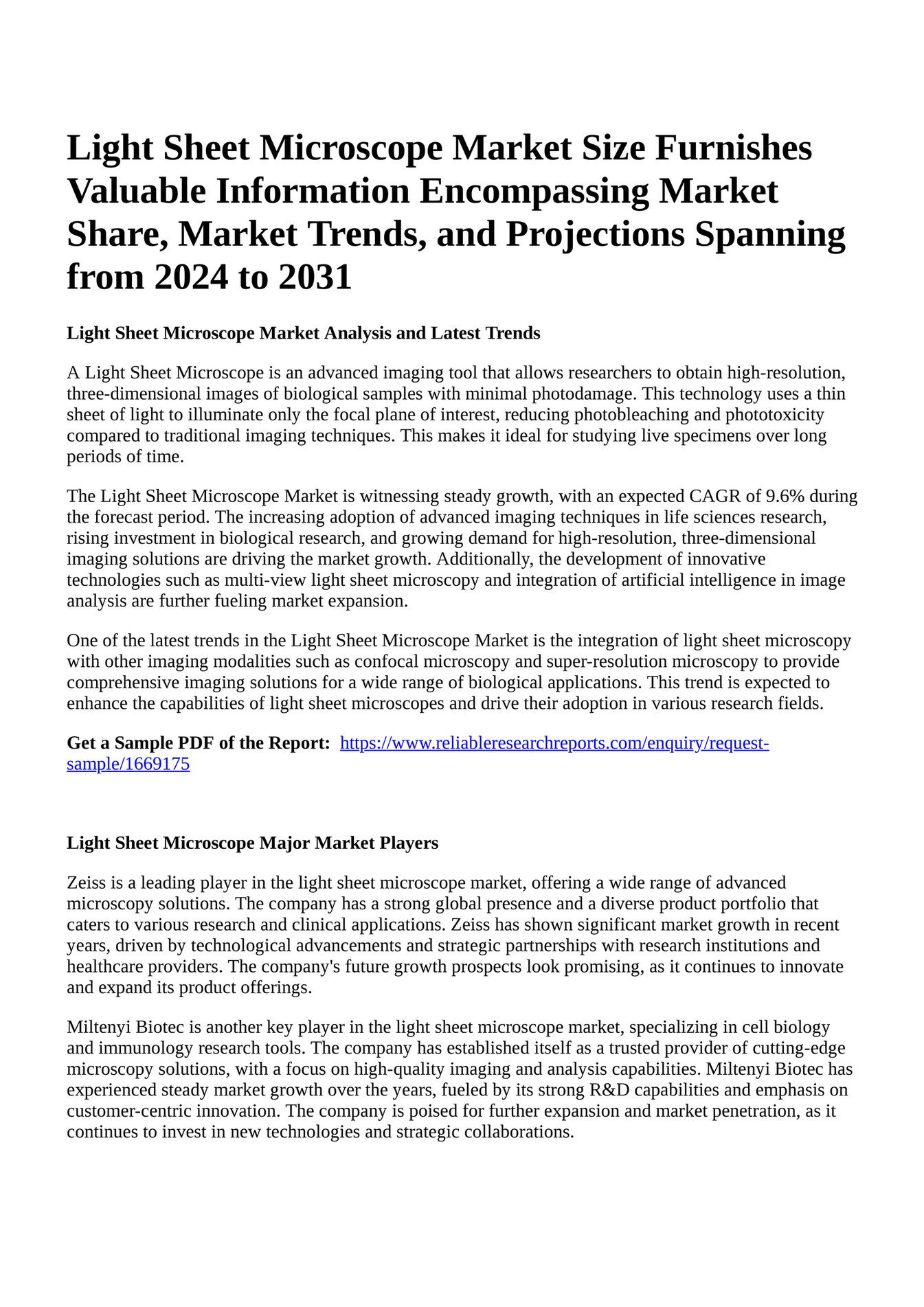Reportprime Light Sheet Microscope Market Size Furnishes Valuable Information