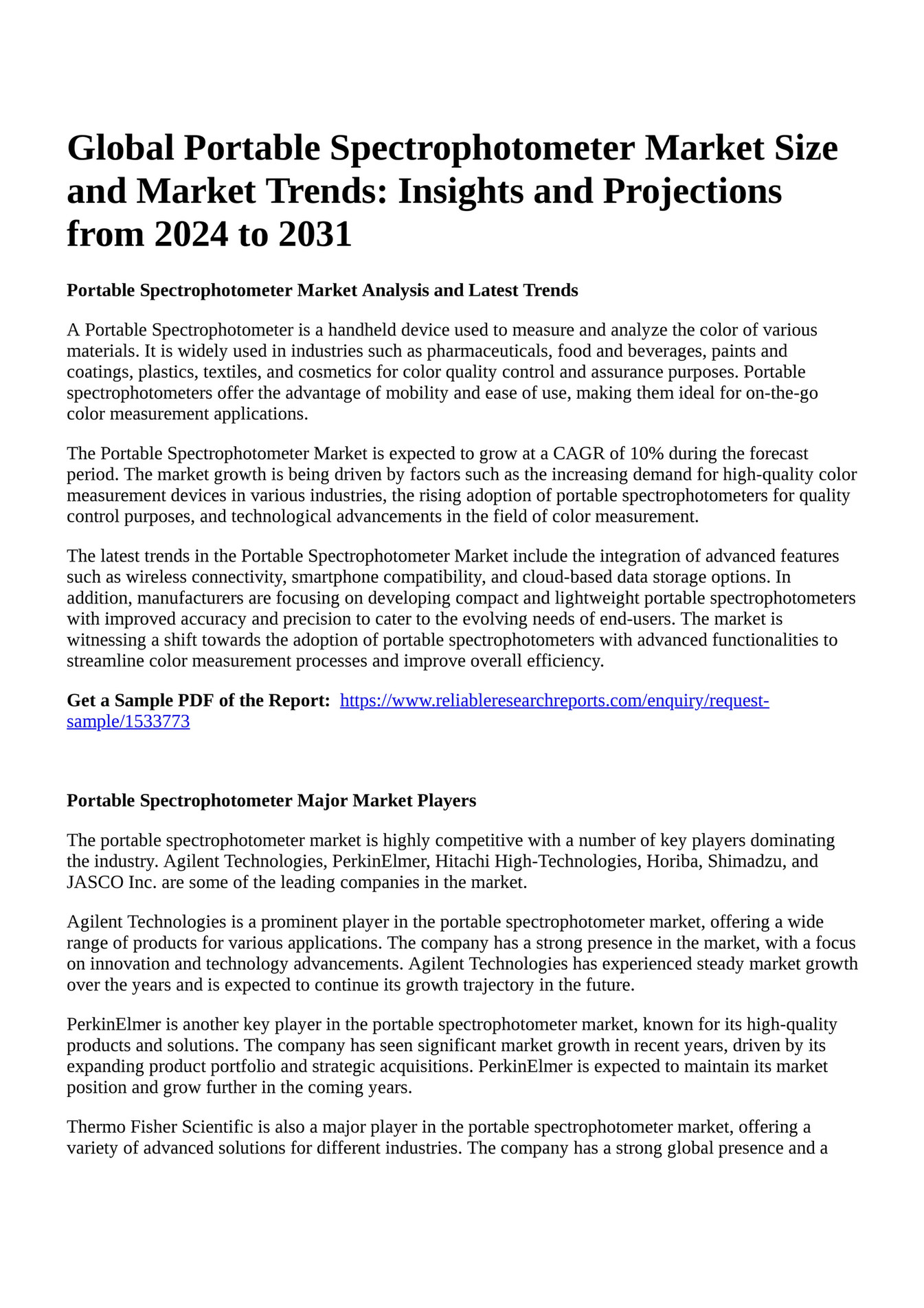 Reportprime Global Portable Spectrophotometer Market Size and Market