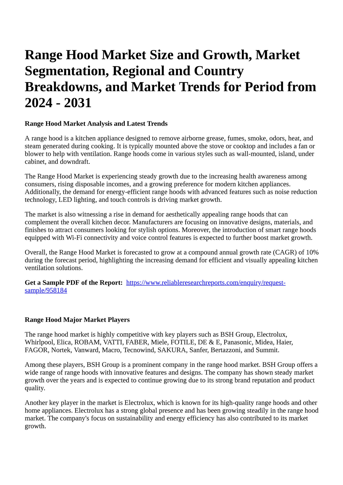 Reportprime Range Hood Market Size and Growth, Market Segmentation