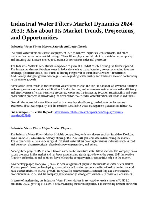 Reportprime Industrial Water Filters Market Dynamics 20242031 Also