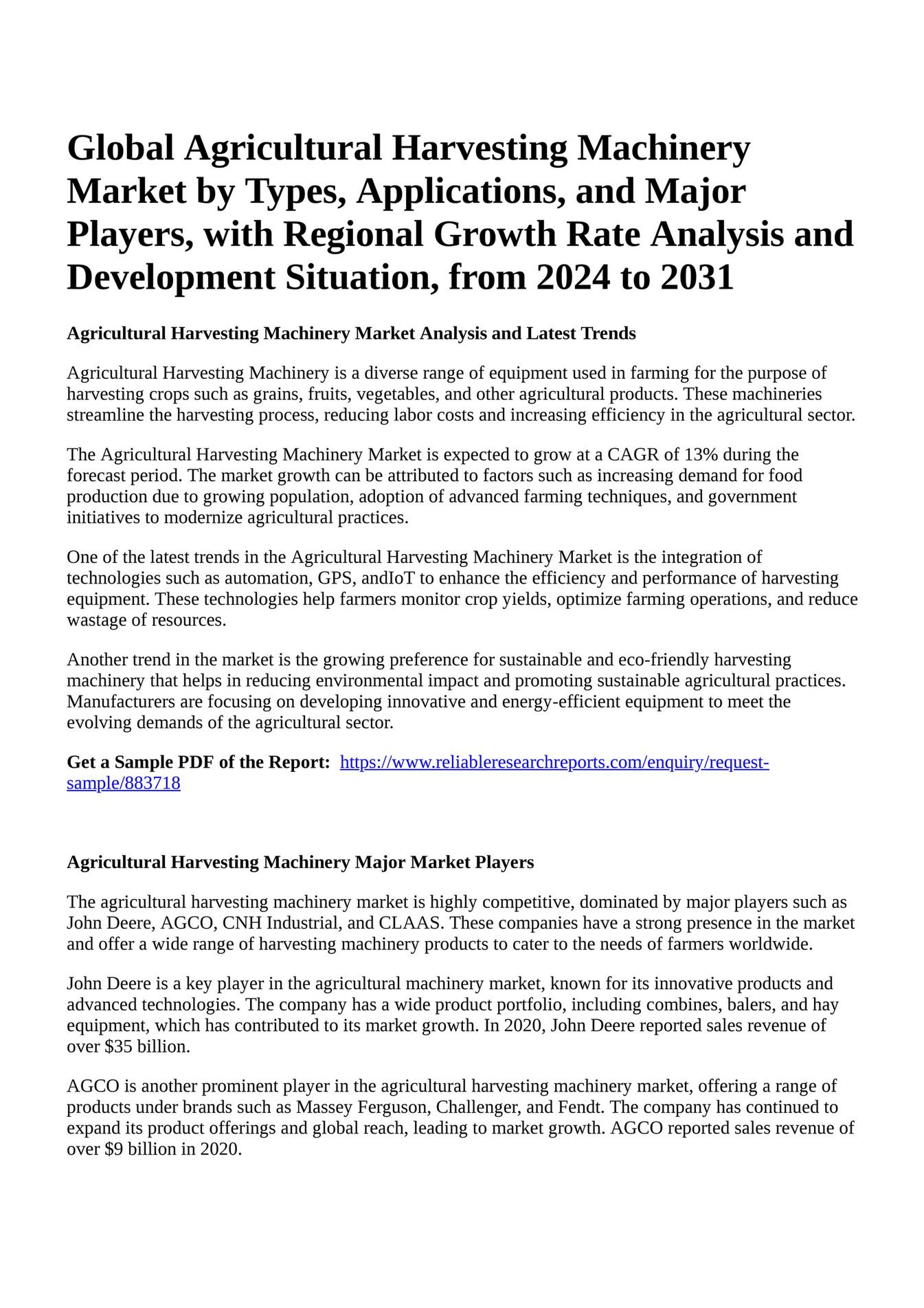 Reportprime Global Agricultural Harvesting Machinery Market by Types