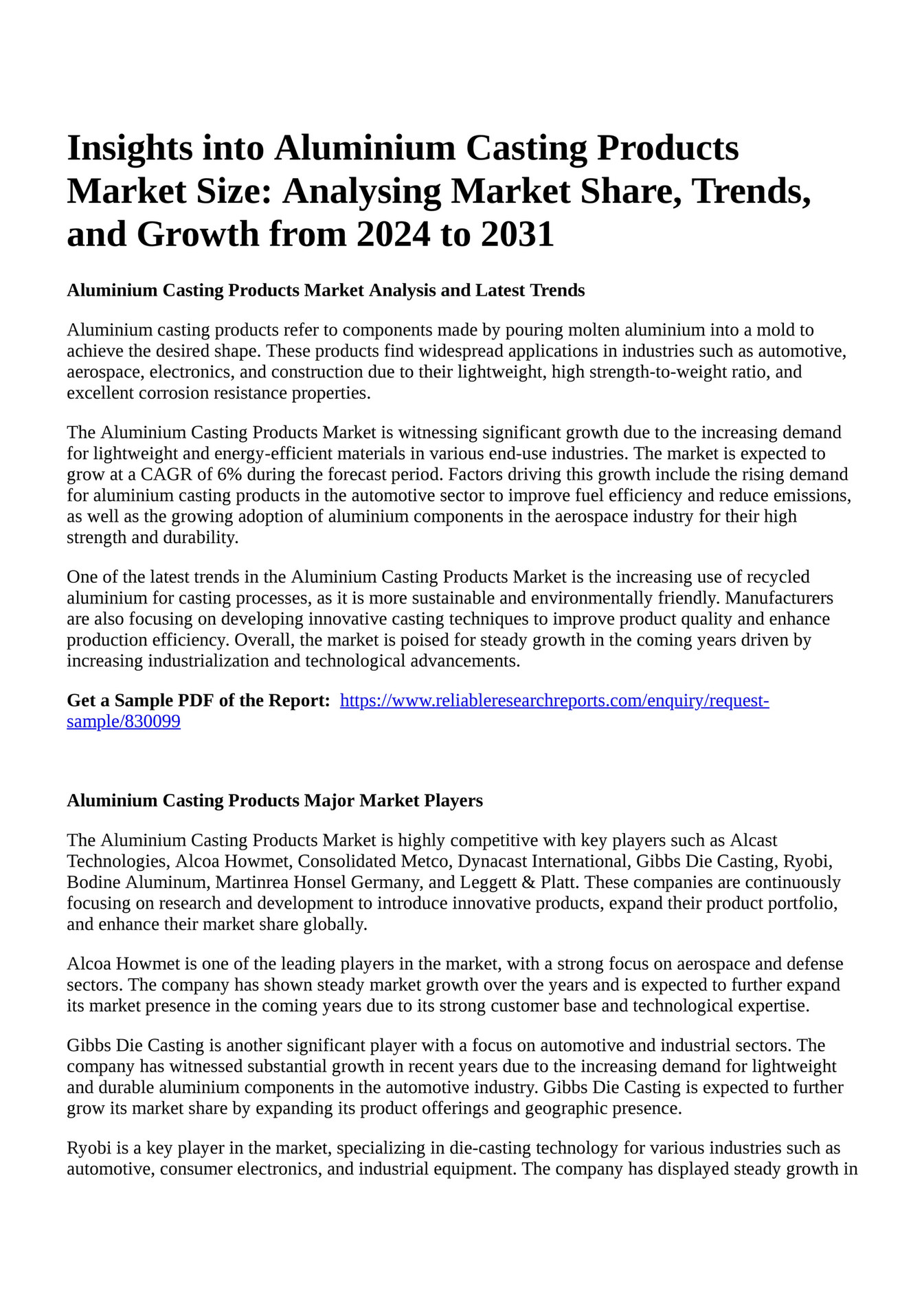 Reportprime Insights into Aluminium Casting Products Market Size