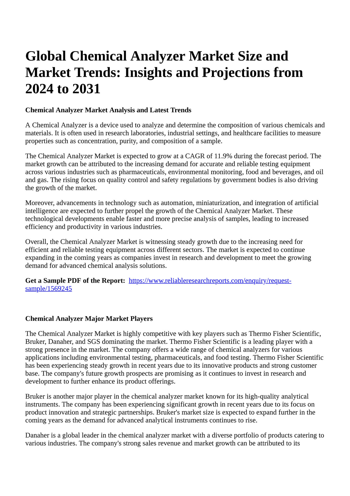 Reportprime Global Chemical Analyzer Market Size and Market Trends