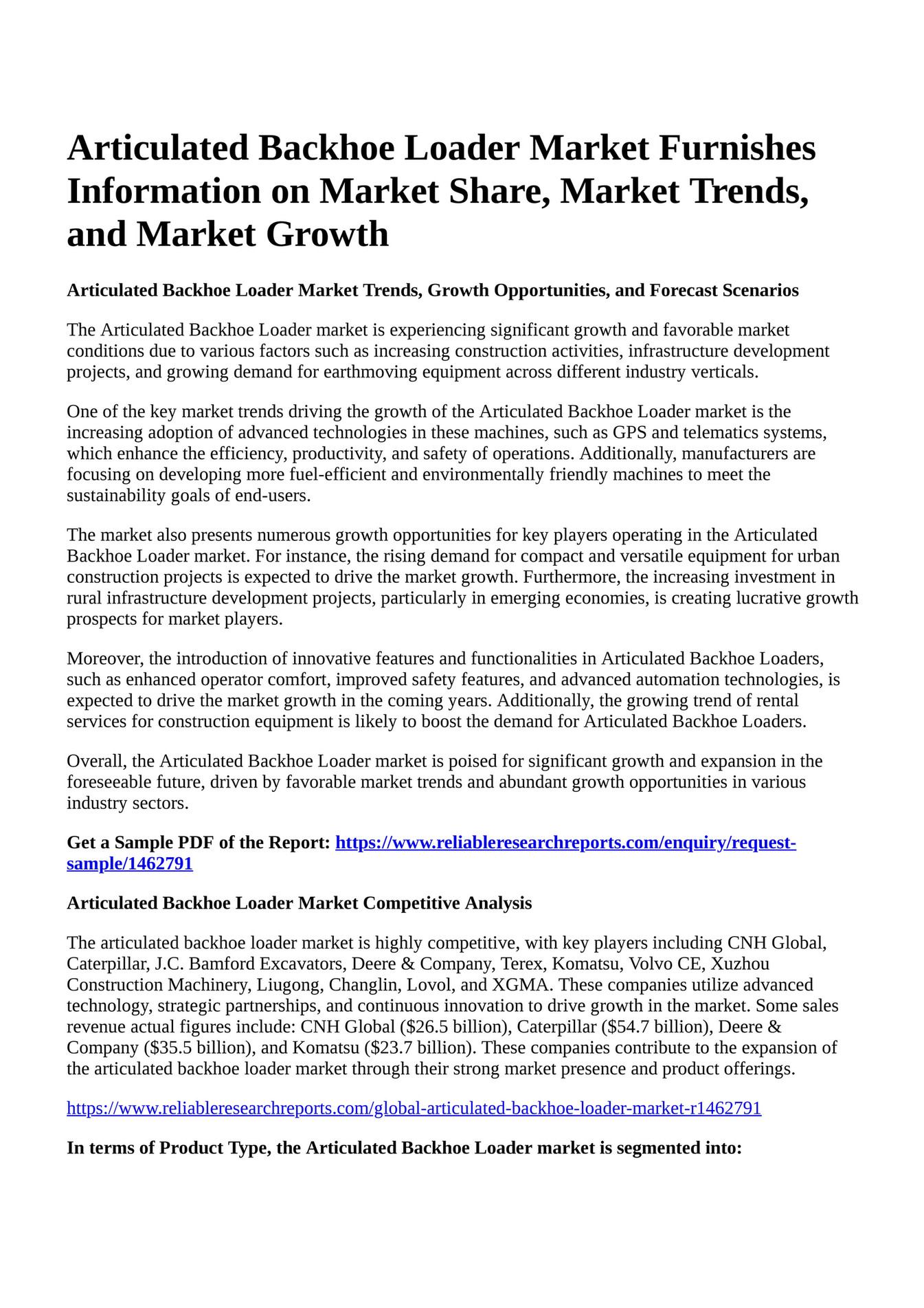 Reportprime Articulated Backhoe Loader Market Furnishes Information