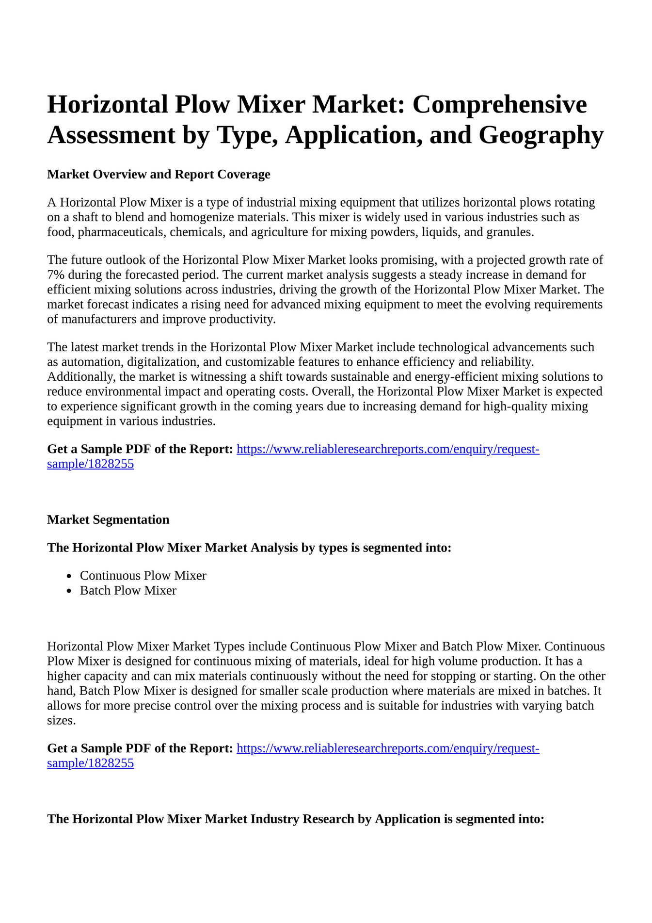 Reportprime Horizontal Plow Mixer Market Comprehensive Assessment by Type, Application, and