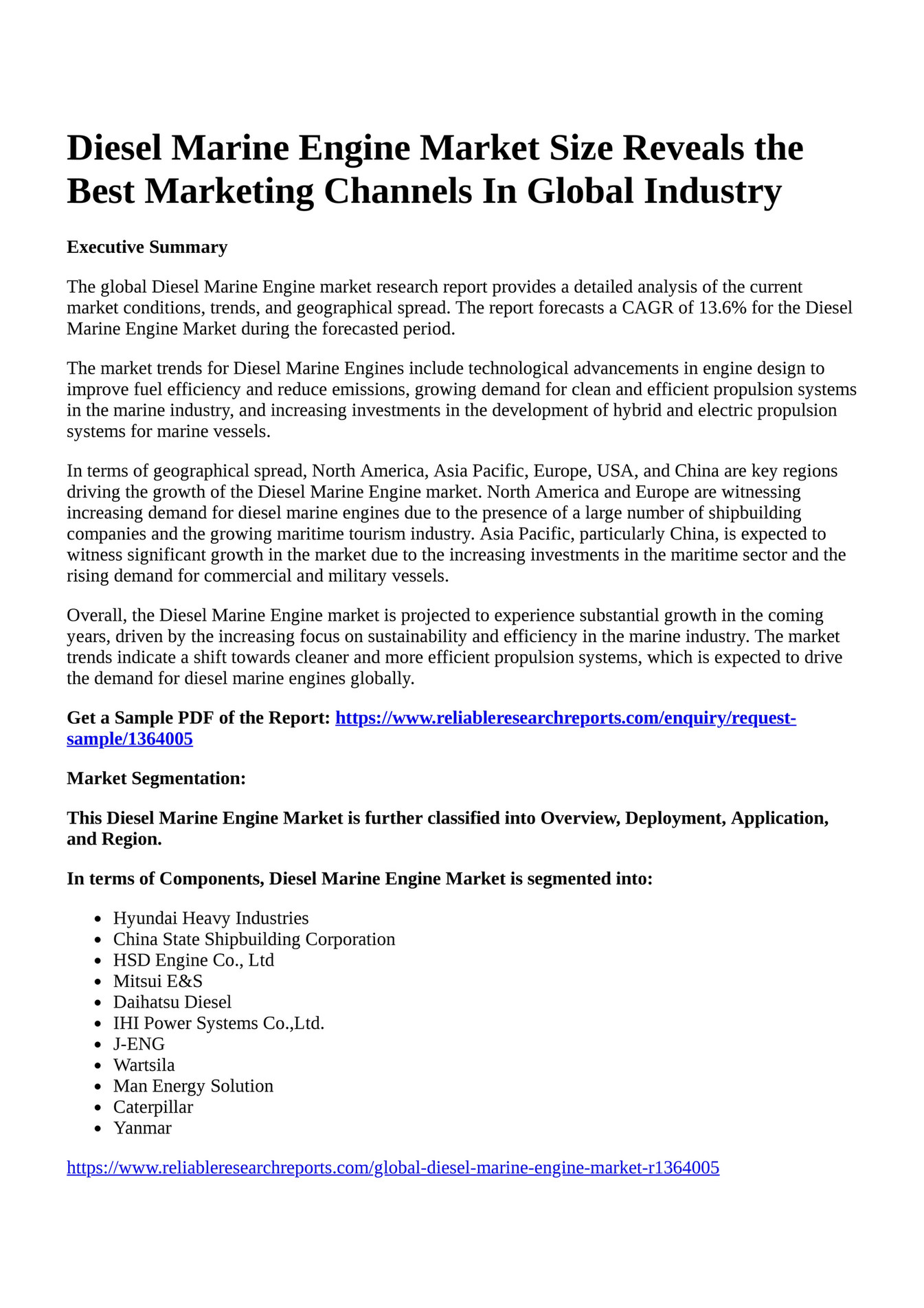 Reportprime Diesel Marine Engine Market Size Reveals the Best