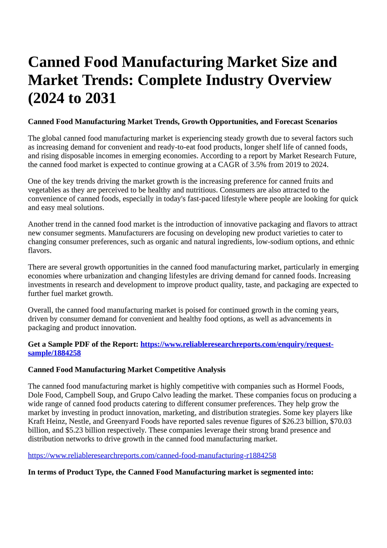 Reportprime Canned Food Manufacturing Market Size And Market Trends Complete Industry