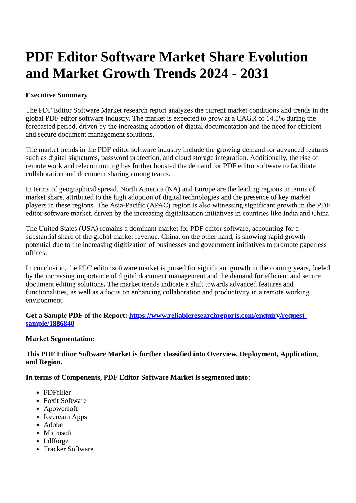 Reportprime pdf editor software market share evolution and market