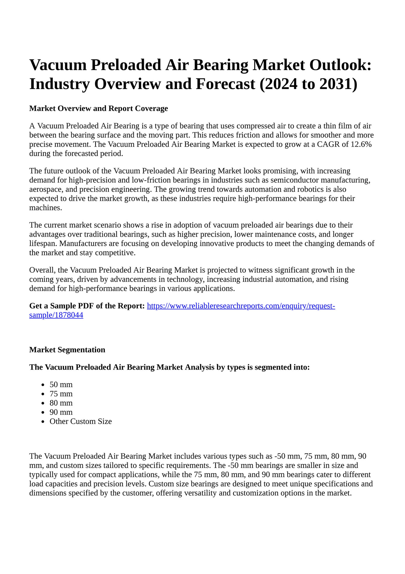 Reportprime Vacuum Preloaded Air Bearing Market Outlook Industry Overview And Forecast