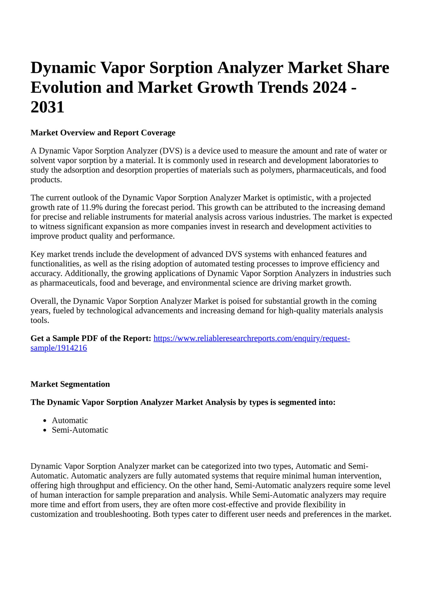 Reportprime Dynamic Vapor Sorption Analyzer Market Share Evolution And Market Growth Trends