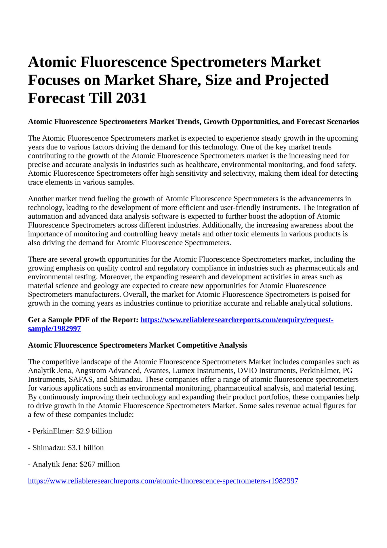 Reportprime - Atomic Fluorescence Spectrometers Market Focuses on ...