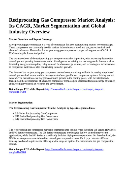 Reportprime Reciprocating Gas Compressor Market Analysis Its CAGR