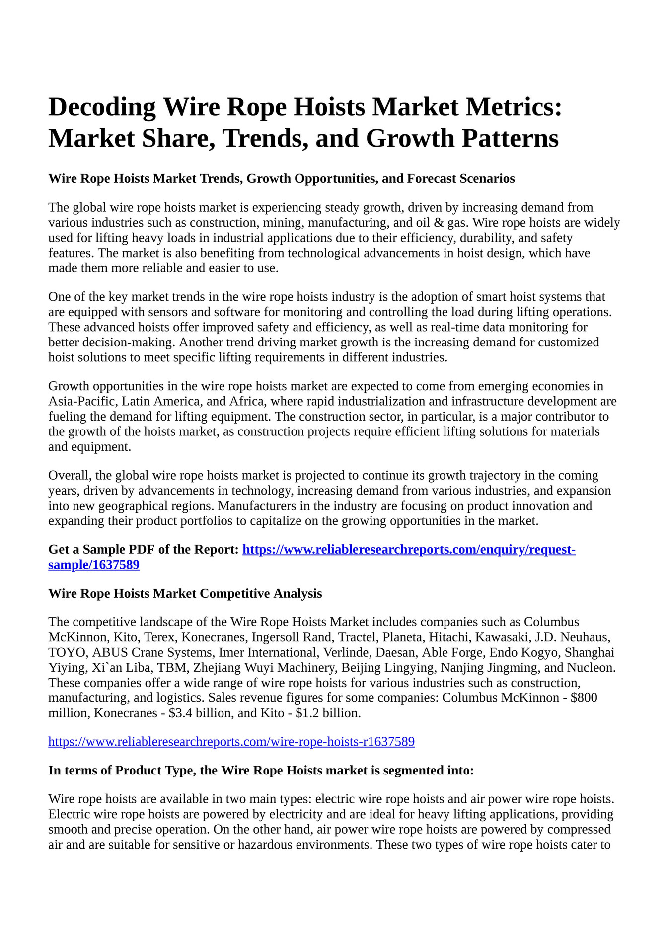 Reportprime - Decoding Wire Rope Hoists Market Metrics: Market Share ...