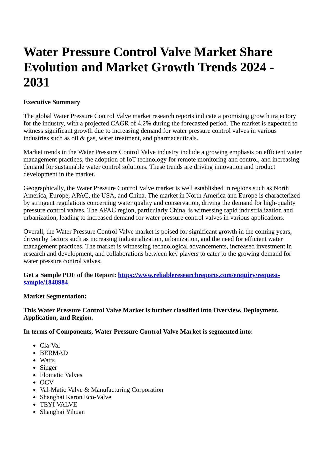 Reportprime - Water Pressure Control Valve Market Share Evolution and ...