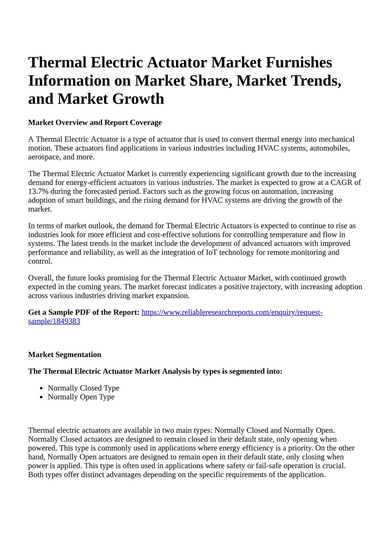 Reportprime Thermal Electric Actuator Market Furnishes Information on