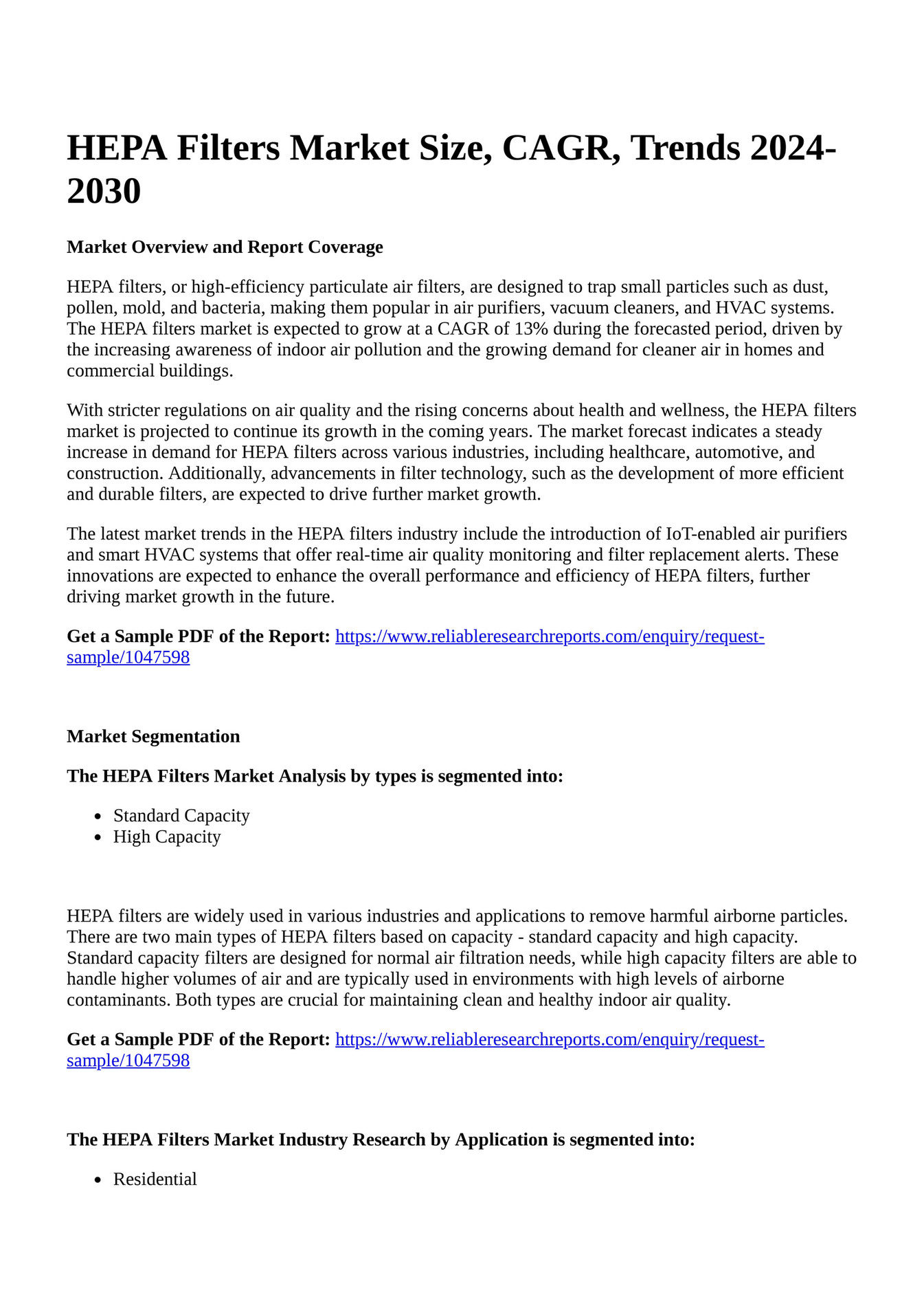 Reportprime HEPA Filters Market Size, CAGR, Trends 20242030 Page 1