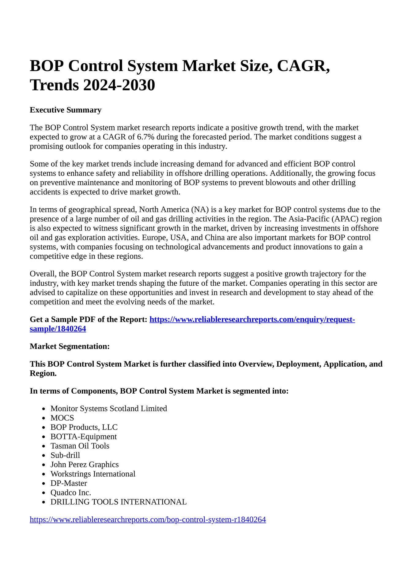 Reportprime - BOP Control System Market Size, CAGR, Trends 2024-2030