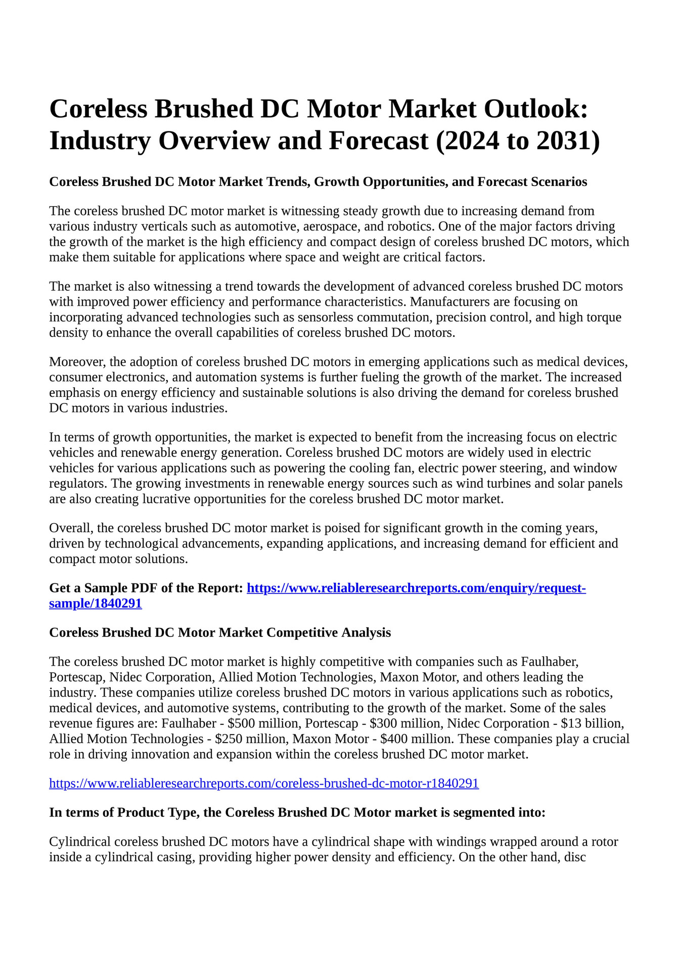 Reportprime Coreless Brushed DC Motor Market Outlook Industry