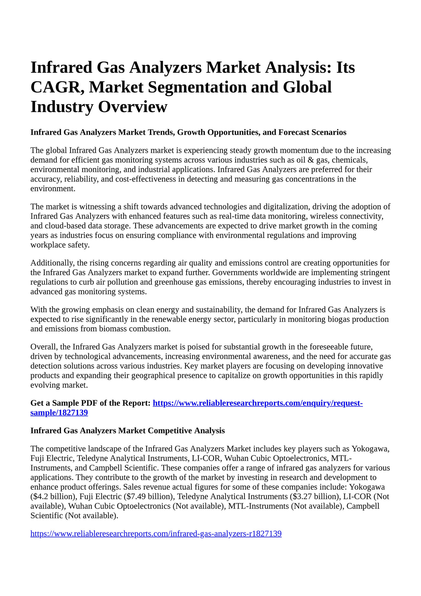 Reportprime Infrared Gas Analyzers Market Analysis Its CAGR, Market