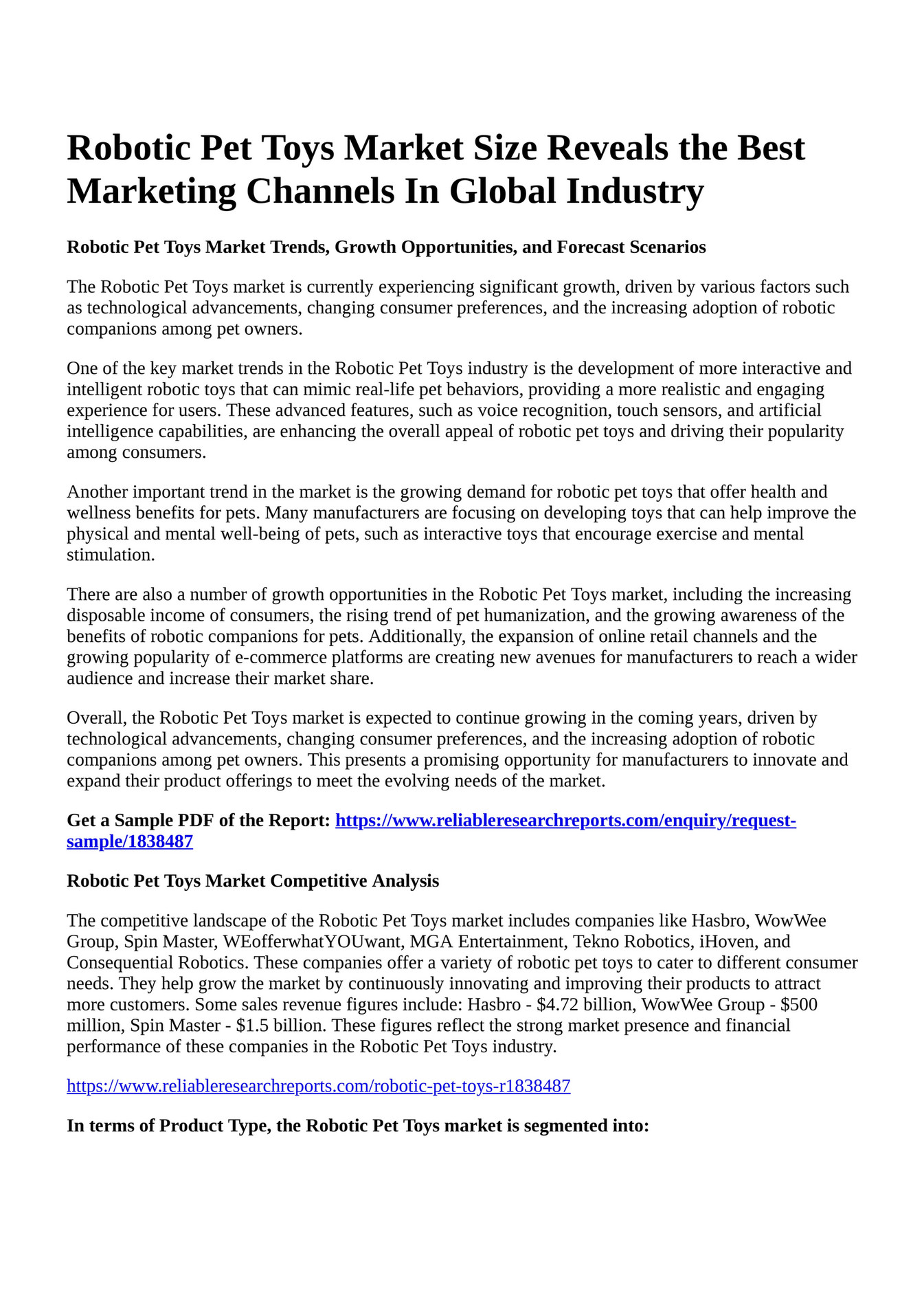 Reportprime Robotic Pet Toys Market Size Reveals the Best Marketing