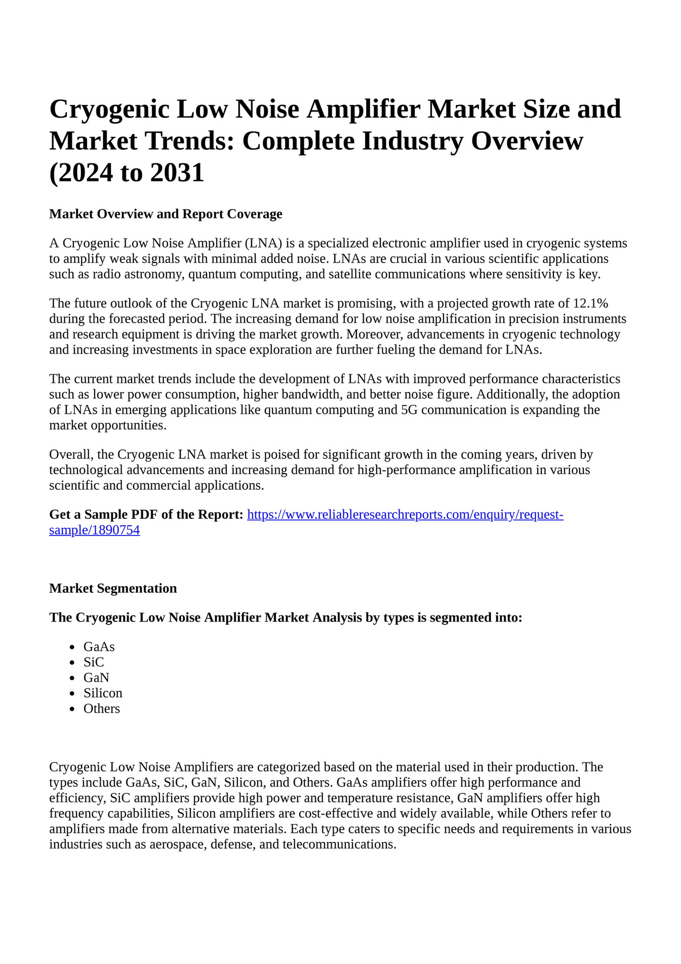 Reportprime Cryogenic Low Noise Amplifier Market Size and Market Trends Complete Industry