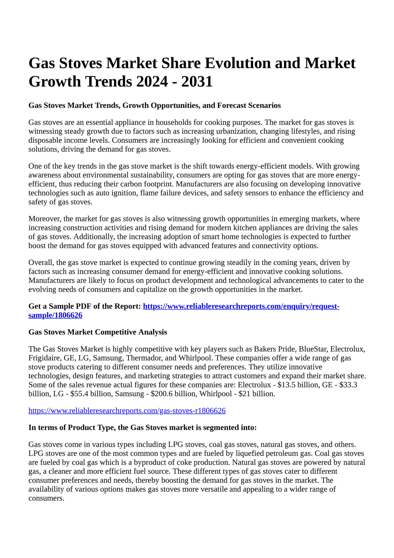 Reportprime Gas Stoves Market Share Evolution and Market Growth