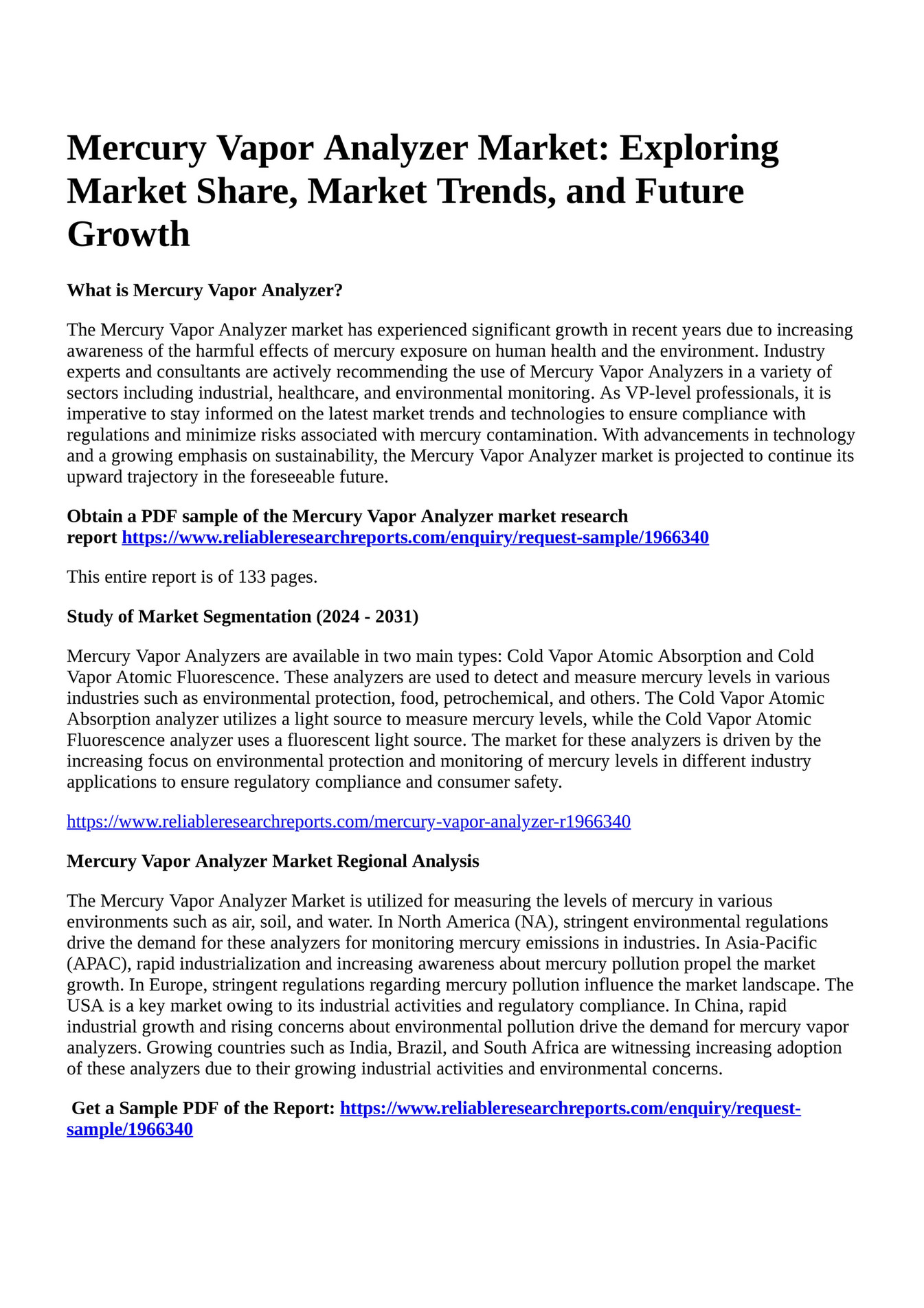 Reportprime Mercury Vapor Analyzer Market Exploring Market Share Market Trends And Future