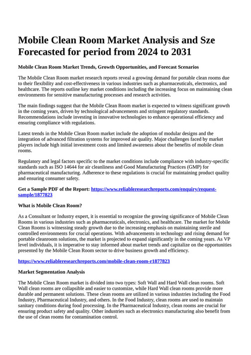 Reportprime Mobile Clean Room Market Analysis and Sze Forecasted for